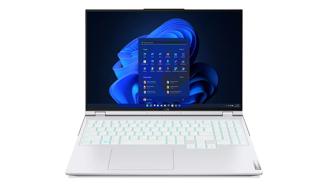 Front-facing view of Lenovo Legion 5i Pro Gen 7 (16, Intel) gaming laptop, Glacier White model, opened