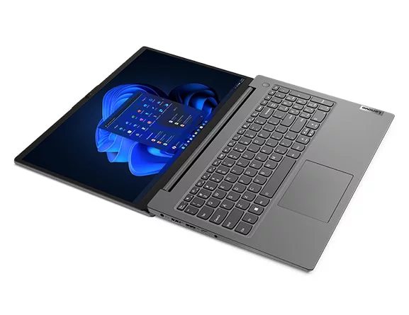 Aerial view of Lenovo V15 Gen 3 (15, intel) laptop, opened flat 180 degrees, showing keyboard and display with windows 11