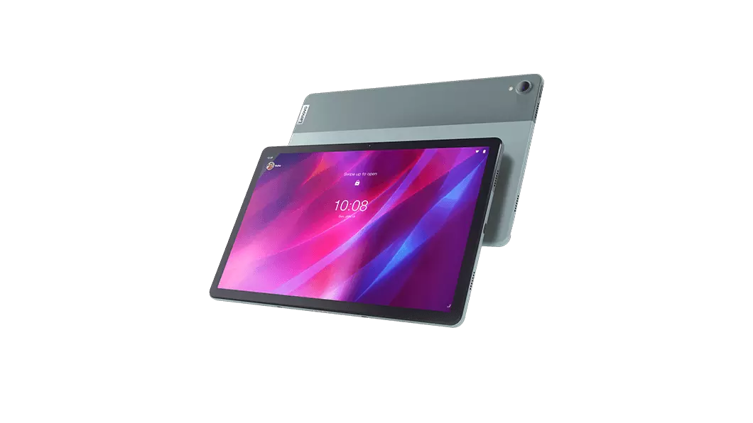 Two Lenovo Tab P11 Plus tablets in Modernist Teal—front view with pink and blue graphics on the display and rear view staggered behind it
