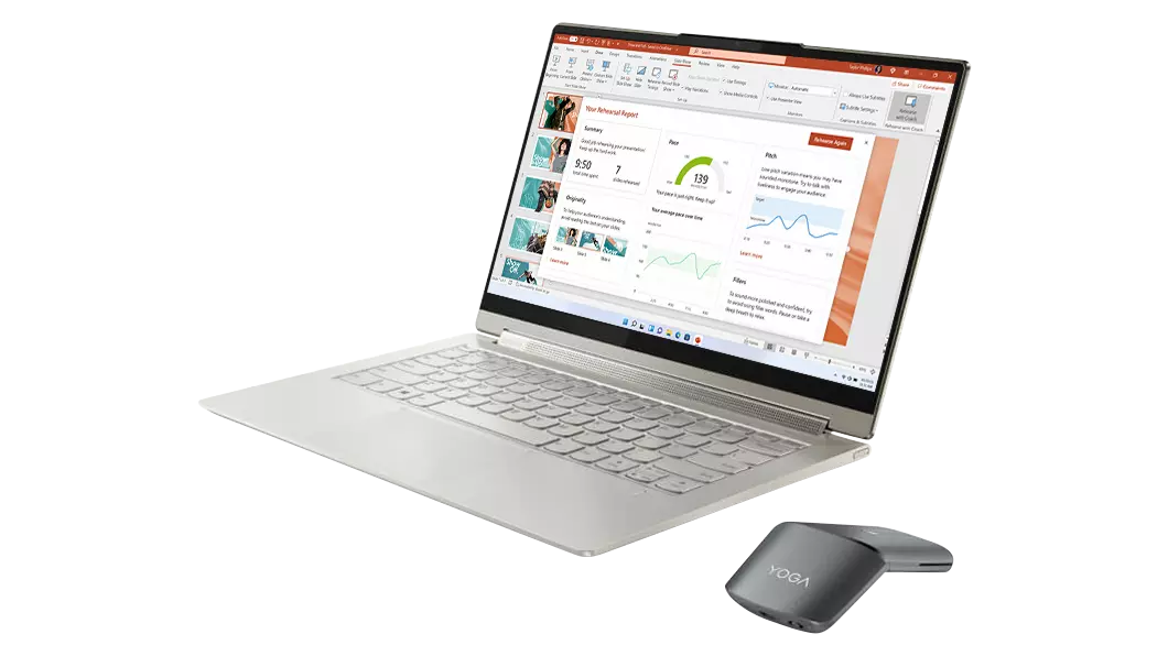 Lenovo Yoga 9i (14) side view in laptop mode with Yoga mouse