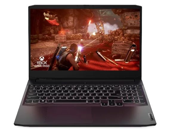 Lenovo IdeaPad Gaming 3 Gen 6 (15, AMD) laptop, front view, with a combat gaming scene on the display
