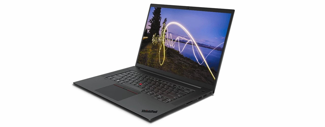 Lenovo ThinkPad P1 Gen 4 mobile workstation open 90 degrees, angled to show right-side ports.