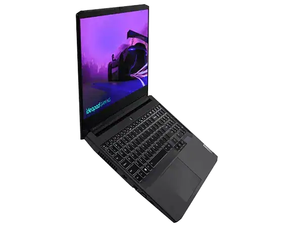 Lenovo IdeaPad Gaming 3i Gen 6 (15” Intel) laptop—3/4 left-front view with lid open and image of racecar on the display