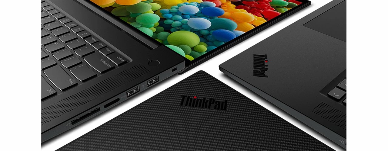 Detail of ThinkPad logos on Lenovo ThinkPad P1 Gen 4 keyboard and top cover, alongside detail of screen and upper corner of keyboard.