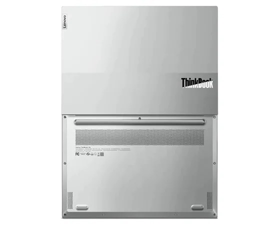 Rear-view of a Lenovo ThinkBook 13x laptop, open 180 degrees and viewed from above, revealing the bottom air vents and dual-tone Cloud Gray top cover and ThinkBook logo.