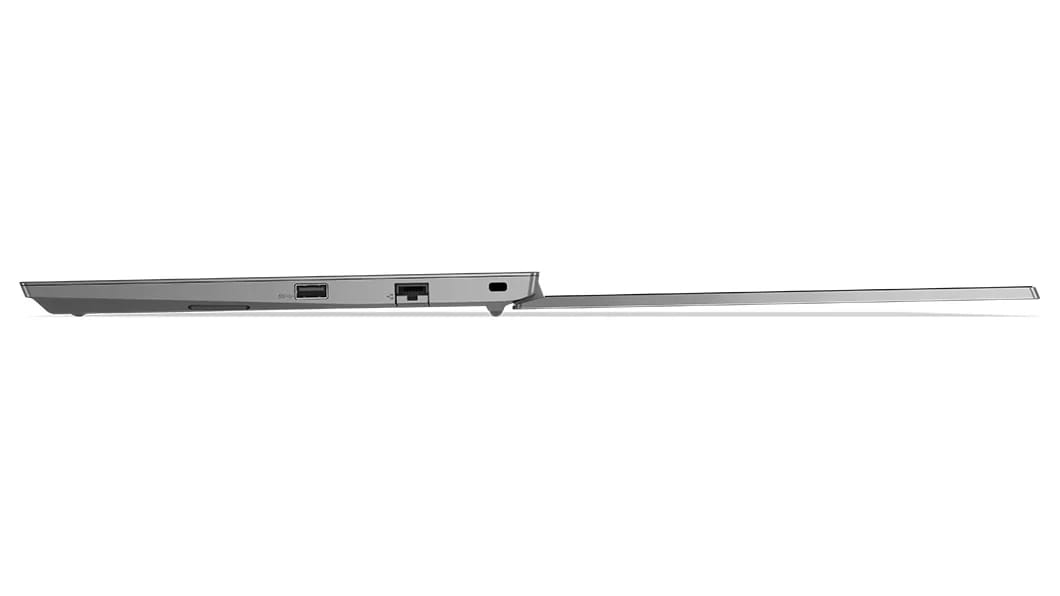 Left side view of Lenovo ThinkPad E14 Gen 4 (14, AMD) laptop, opened 180 degrees, laid flat, showing display and keyboard edges, and ports