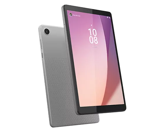 Back view of Lenovo Tab M8 Gen 4 tablet and front view of  Lenovo Tab M8 Gen 4 tablet with display on