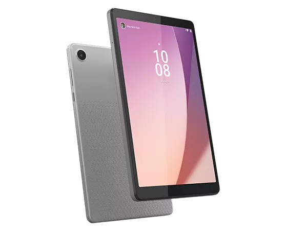 Achteraanzicht van Lenovo Tab M8 Gen 4-tablet en vooraanzicht van Lenovo Tab M8 Gen 4-tablet met beeldscherm aan