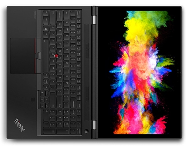 Overhead shot of Lenovo ThinkPad T15g Gen 2 laptop open 180 degrees, positioned horizontally with burst of color on display.