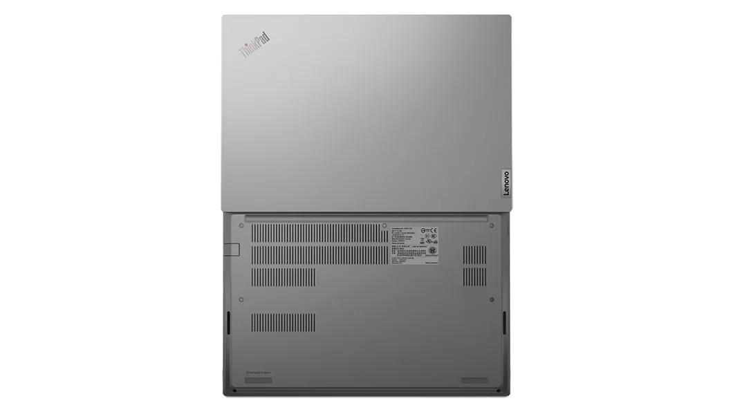 Overhead shot of Lenovo ThinkPad E14 Gen 4 (14, AMD) laptop, opened 180 degrees, laid flat, showing top and rear covers.