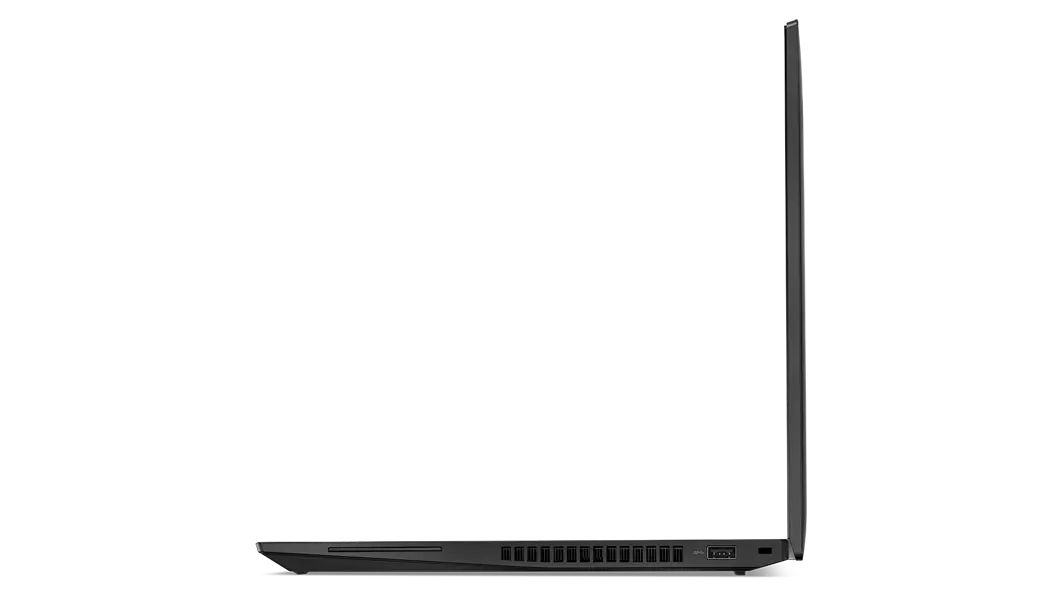 Right side profile of ThinkPad P16s (16, AMD) mobile workstation, opened 90 degrees, opened flat, showing edge of keyboard and display, plus ports