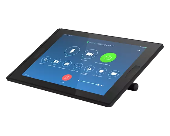 De Lenovo ThinkSmart Controller, gekanteld met touchscreen met Zoom.