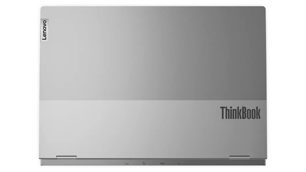 Aerial view of ThinkBook 16p Gen 3 (16, AMD) laptop, closed, showing top cover with Lenovo and ThinkBook logos