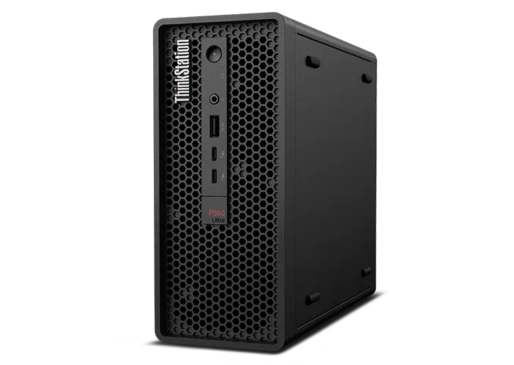 Lenovo ThinkStation P360 Ultra workstation positioned vertically, showcasing front panel & right side.
