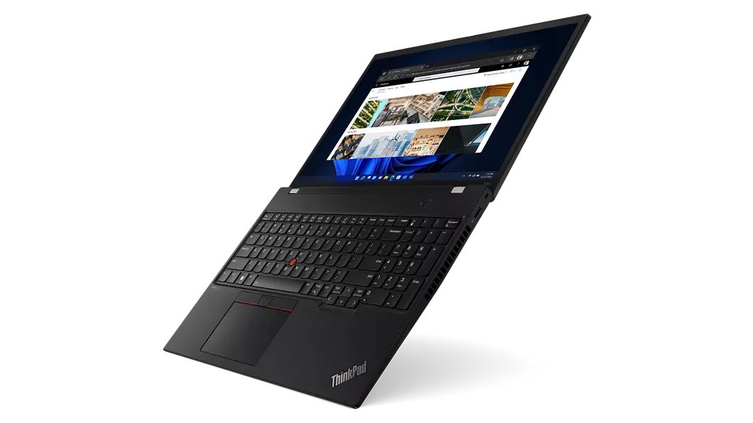 Right side view of ThinkPad P16s (16, AMD) mobile workstation, angled at 45 degrees, opened flat, showing keyboard and display with Windows 11