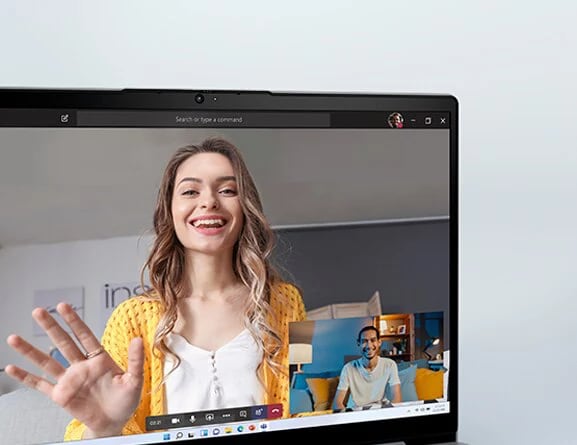 Close up view of IdeaPad 3i Gen 7 laptop camera, people video chatting on display