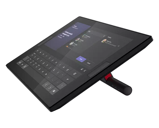 Lenovo ThinkSmart Controller voor Teams met 10,1-inch touchscreen en rechterkant van de standaard.