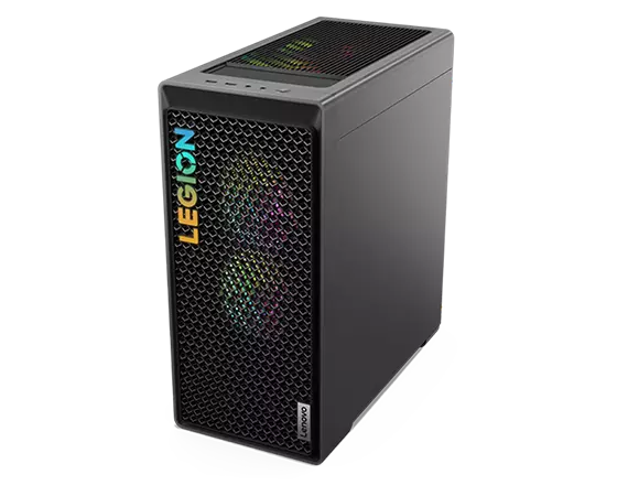 A front-right corner view of the Legion Tower 5 Gen 8 (AMD), seen from a high angle to show the top-facing ports, mesh vented front bezel and internal RGB lighting.