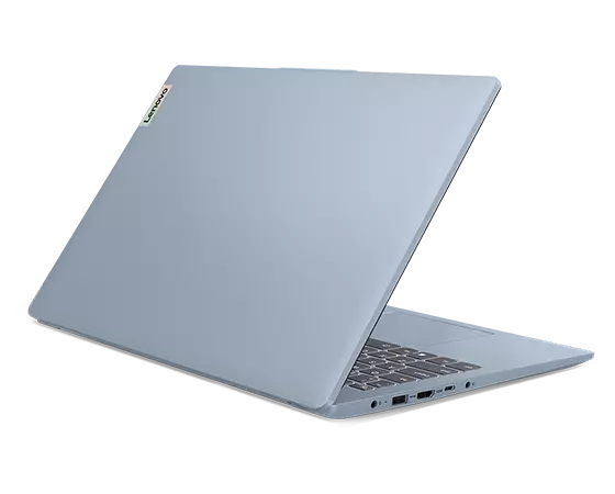 Rear side of Lenovo IdeaPad Slim 3i Gen 8 laptop in Frost Blue open about 70 degrees.