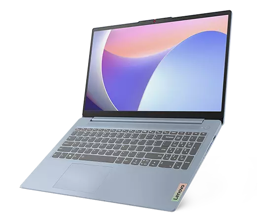 Lenovo IdeaPad Slim 3i Gen 8 Notebook in Frost Blue, fast 180 Grad geöffnet, zeigt 15"-Display und Tastatur.