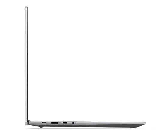 Left-side profile of IdeaPad Slim 5i Gen 8 laptop, opened at 90 degrees, showing edges of keyboard & top cover, & left-side ports