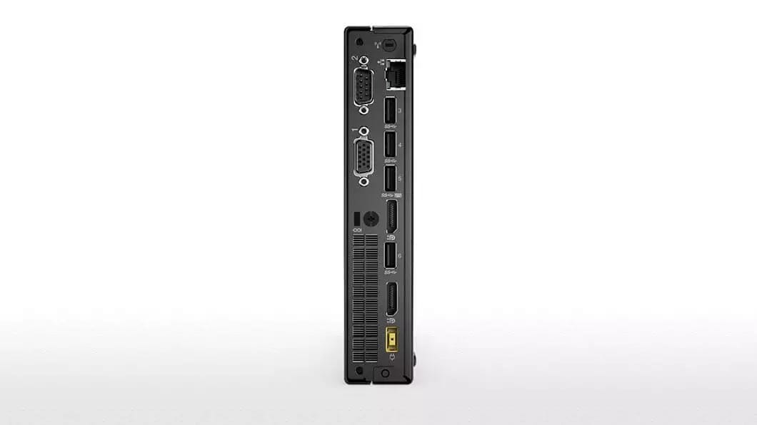 Lenovo ThinkCentre M710 Tiny, vertically positioned back view with VGA ports