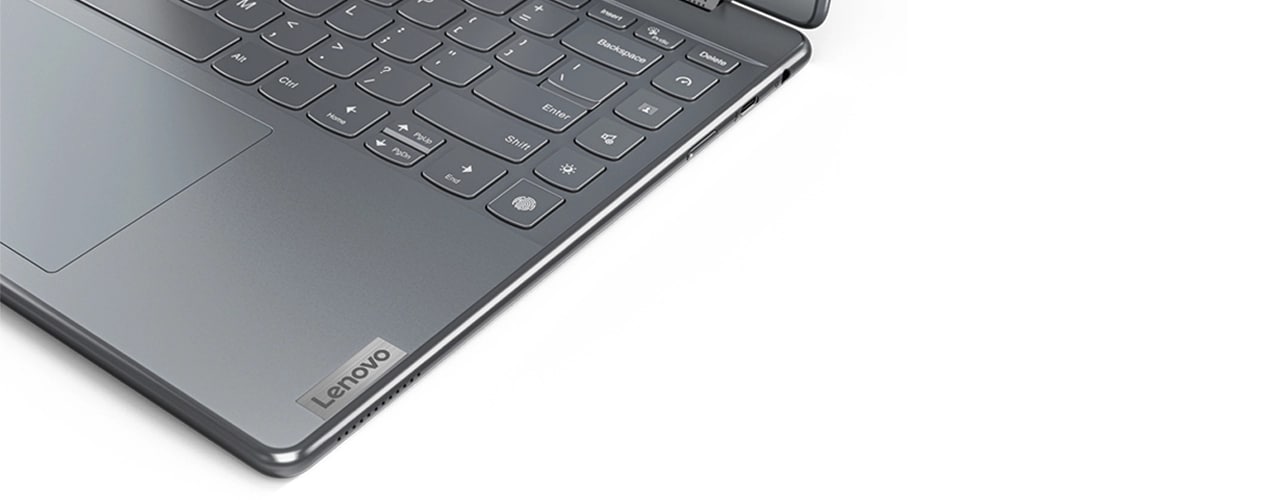 Close-up of edge of keyboard of Yoga 9i Gen 8 2-in-1 laptop, Storm Grey color