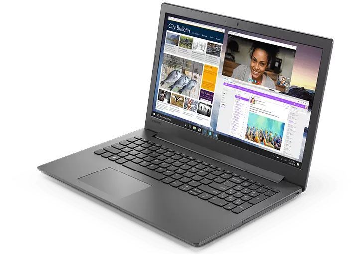Lenovo Ideapad 130 (15), right front view, open, showing display, keyboard, and touchpad. 