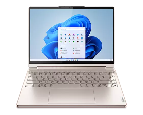 Yoga 9i Gen 8 2-in-1-Notebook in Storm Grey, Ansicht von vorne, im Laptop-Modus geöffnet, mit Blick auf das Display mit Windows 11-Blume und Apps.