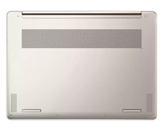 Onderaanzicht van de Yoga 9i Gen 8 2-in-1-laptop, Oatmeal, gesloten, met achterklep en ventilatieopeningen