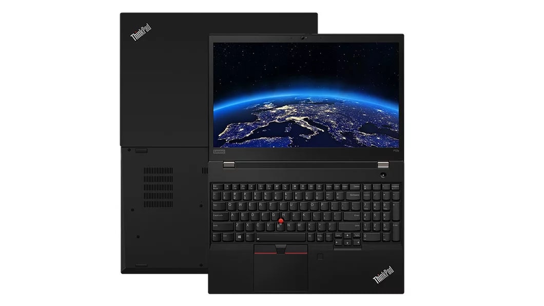Front and rear view of two Lenovo ThinkPad P53s open 180 degrees