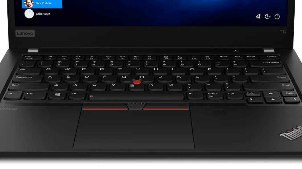Close-up of TrackPoint and TrackPad on the Lenovo ThinkPad T14 Gen 2 (14, AMD) laptop, in black.