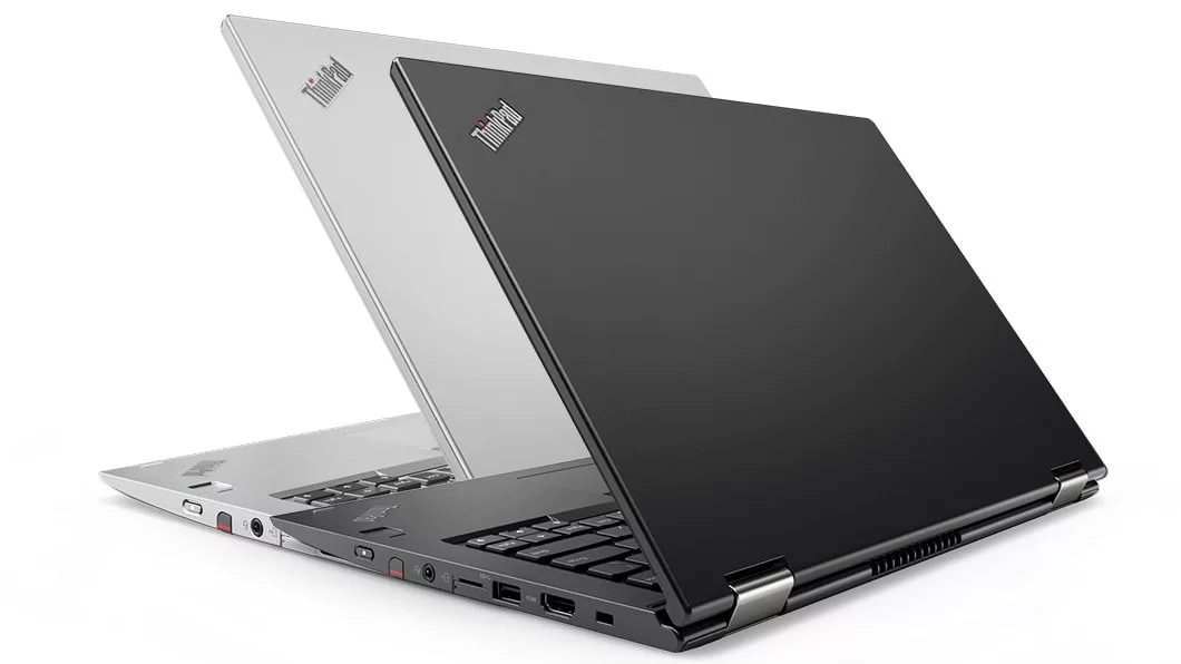 Lenovo ThinkPad X380 Yoga Left Side Rear View in Black and Silver Colors