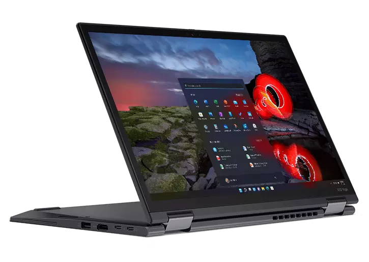 ThinkPad X13 Yoga Gen (13, Intel) laptop – ¾ front/left view, in stand mode