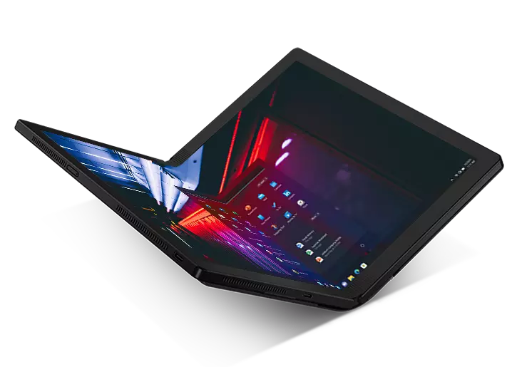 Slight overhead landscape view of Lenovo ThinkPad X1 Fold open slightly less than 180 degrees