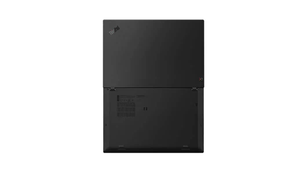 backside of black Lenovo X1 Carbon (6th Gen) with Windows 10 Pro, open 180 degrees.