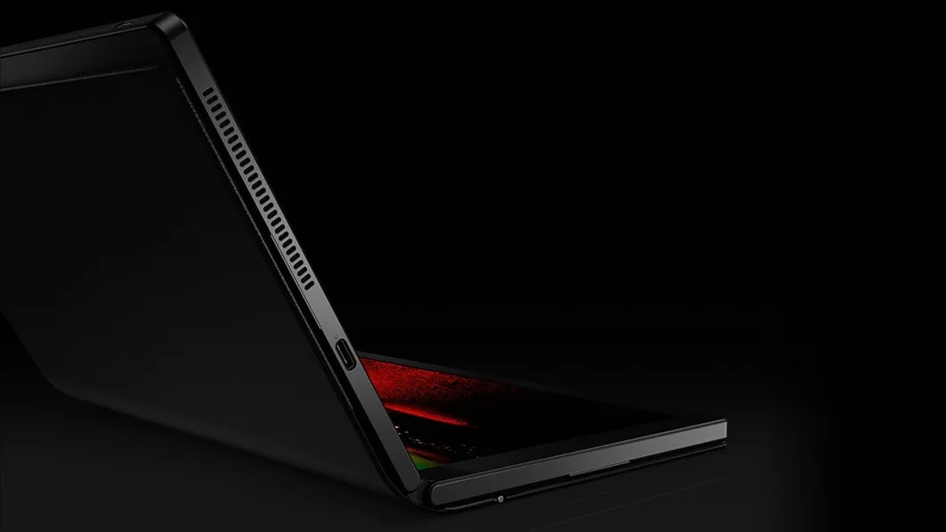 Highlighted right side view of Lenovo ThinkPad X1 Fold open 90 degrees