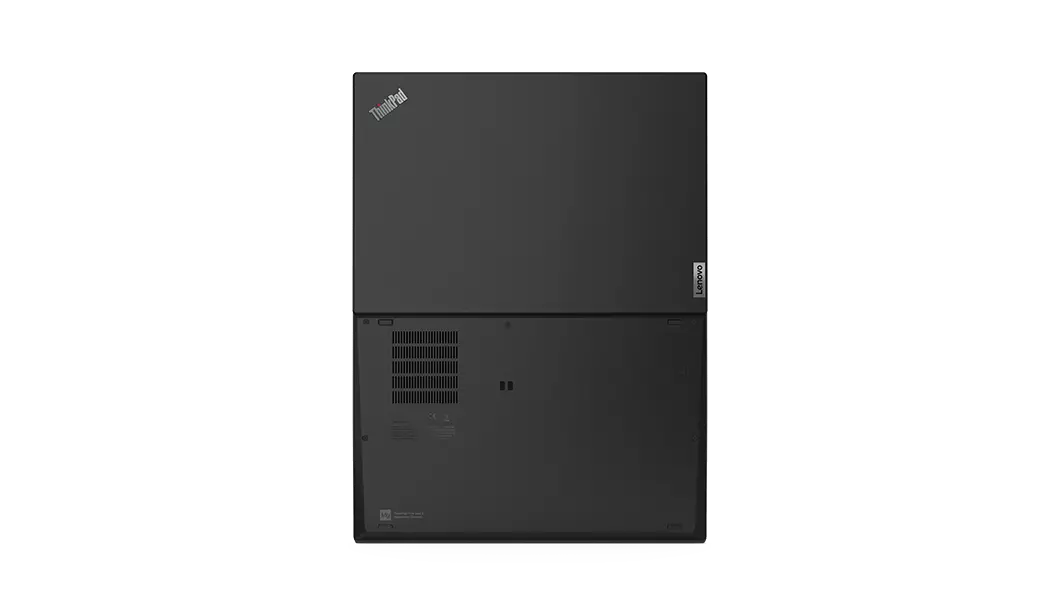 Overhead shot of Lenovo ThinkPad T14s Gen 2 laptop in Black open 180 degrees, showing both top and bottom covers.