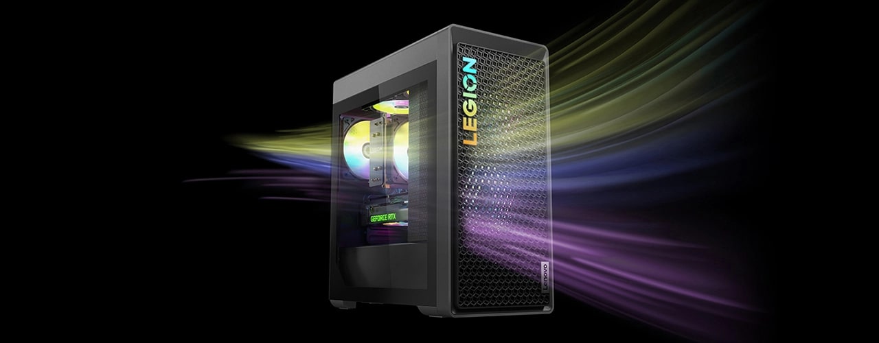 Photo illustration showing the advanced air cooling on the Legion Tower 5 Gen 8 (AMD), with vents on the back, front, and top to keep cool under pressure.
