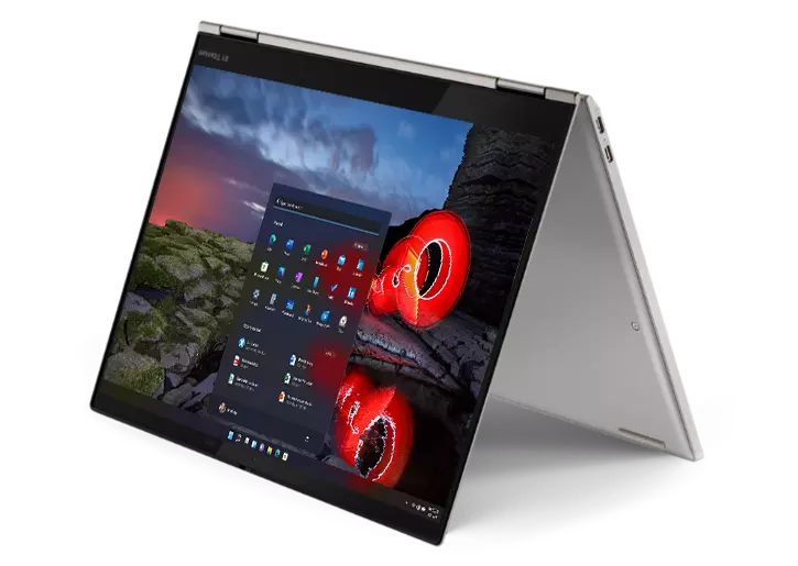 Four Lenovo ThinkPad X1 Titanium Yoga 2-in-1 laptops in multimode uses: open 180 degrees, tablet mode, tent mode, and laptop mode.
