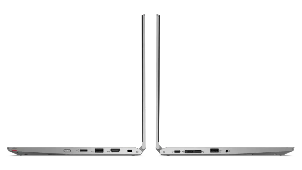 Left and right side views of two back-to-back silver Lenovo ThinkPad L13 Yoga Gen 2 laptops open 90 degrees