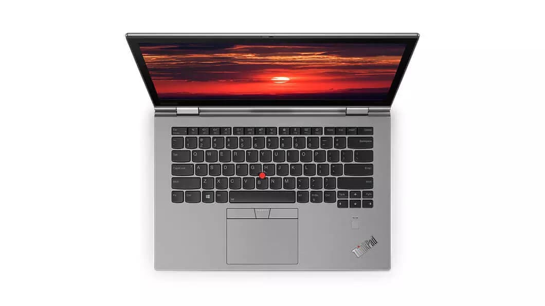 Thumbnail, Lenovo ThinkPad X1 Yoga (3rd Gen) in silver, overhead shot of keyboard with renowned trackpoint and trackpad.