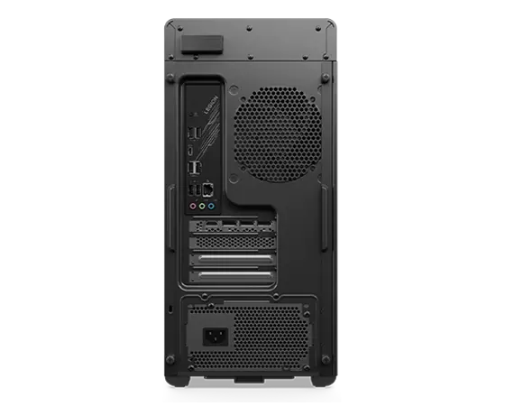 Vue frontale de l’arrière de l’ordinateur de jeux Legion Tower 5i Gen 8 (Intel), révélant les nombreux ports et fentes dont plusieurs USB, HDMI, DisplayPort™ et plus encore.