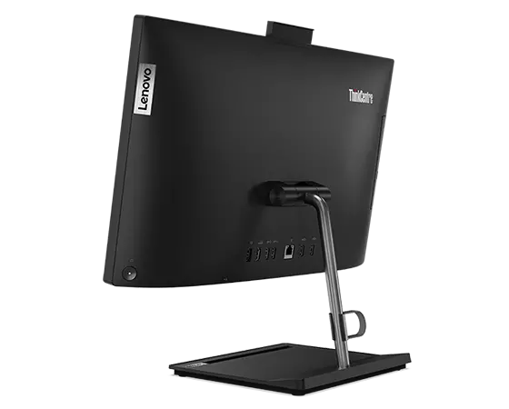 An eye-level image of the rear of a ThinkCentre Neo 30a (22" Intel) all-in-one business PC, sitting on its support stand and viewed from the back-left corner.