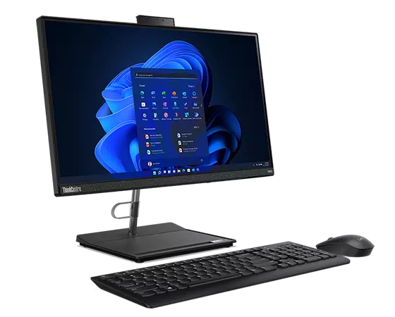 ThinkCentre Neo 30a (22" Intel) all-in-one business PC sitting on its support stand, with keyboard and mouse, viewed at eye-level from the front-left corner, with webcam visible.