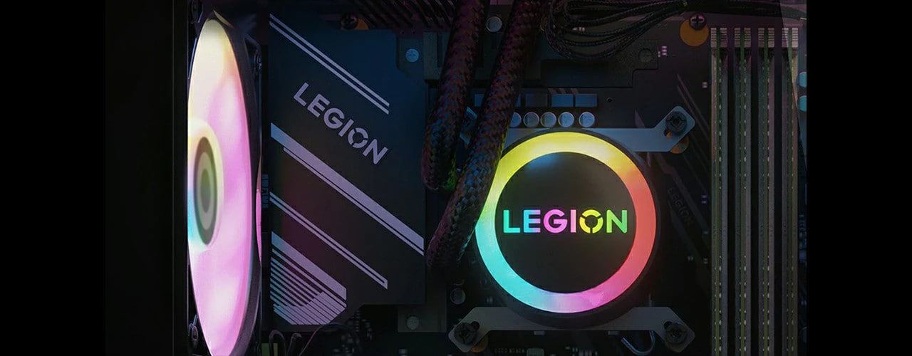 Legion Tower 7i Gen 8 (Intel) view of internals with liquid cooler and RGB lighting 