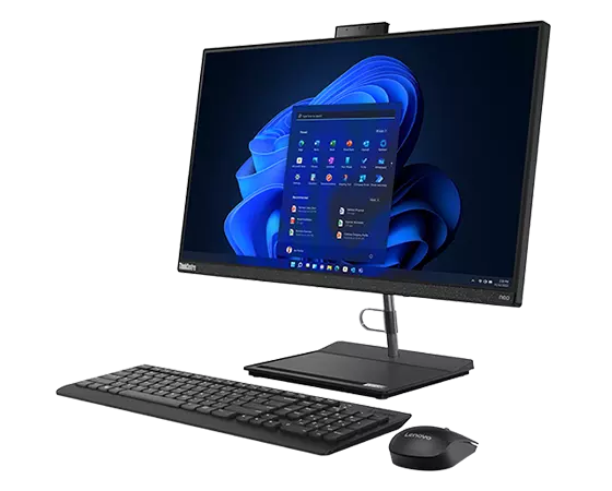 A ThinkCentre Neo 30a Gen 4 (24" Intel) all-in-one business PC viewed at eye-level from the front right with its included keyboard and mouse pop-up webcam visible.