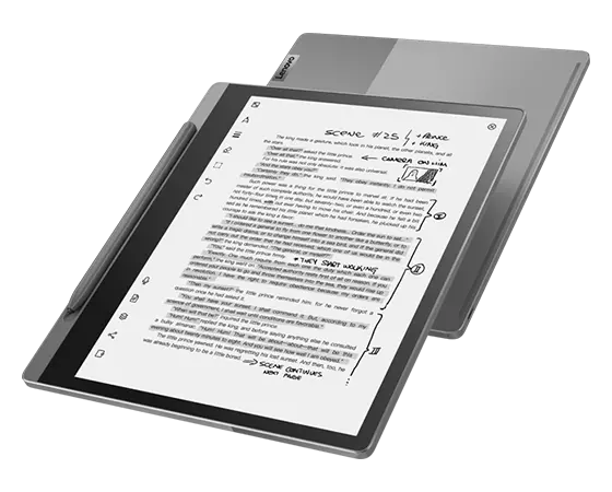 Two Lenovo Smart Paper E-Ink readers, back to back, front one showing document highlighted and annotated with Lenovo Smart Pen, rear one showing back cover