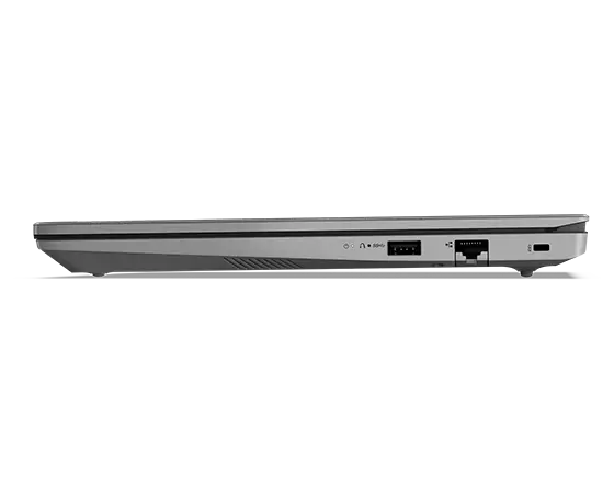 Right side ports on the Lenovo V14 Gen 4 laptop in Arctic Grey, closed cover.