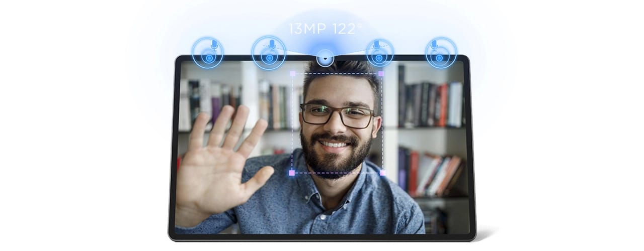 Tablette Lenovo Tab Extreme frontale, montrant une personne saluant lors d'un appel vidéo, avec son visage mis en évidence